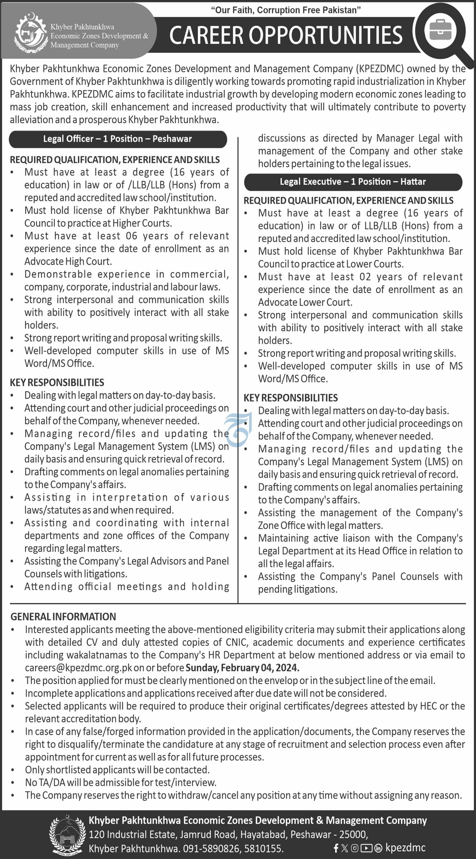 Khyber Pakhtunkhwa Economic Zones Development & Cmpany Jobs – Private Company Jobs 2024 — original advertisement