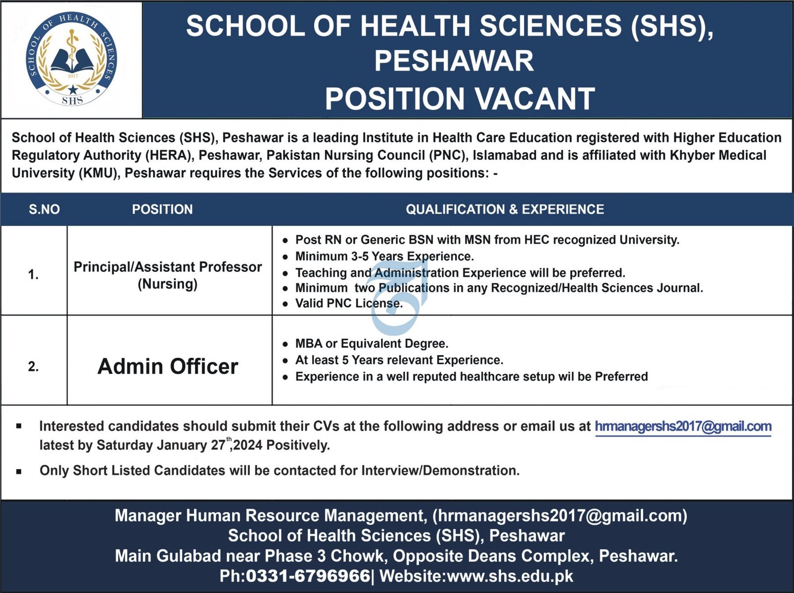 School Of Health Sciences Shs Peshawar Jobs 2024 – Higher Education Department KPK Jobs 2024 — original advertisement