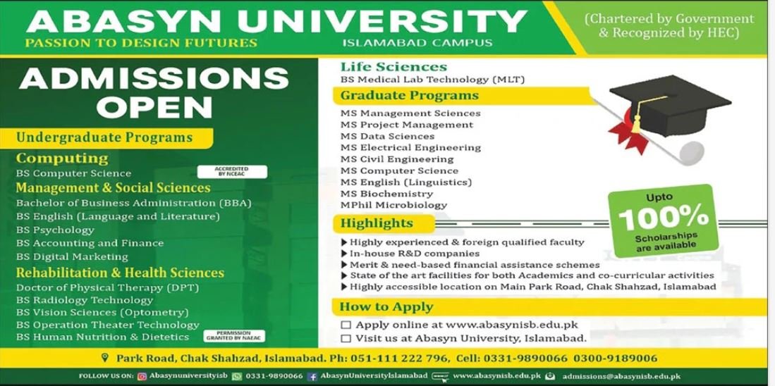 Admissions Open in Abasyn University Peshawar 2024 Admissions 2024 — original advertisement