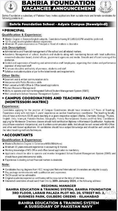 Bahria Foundation Rawalpindi Jobs 2024 Jobs 2024 — original advertisement