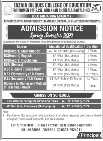 Admission Open in Fazaia Bilquis College of Education 2024 – Fazaia Schools & Colleges Admissions 2024 — original advertisement