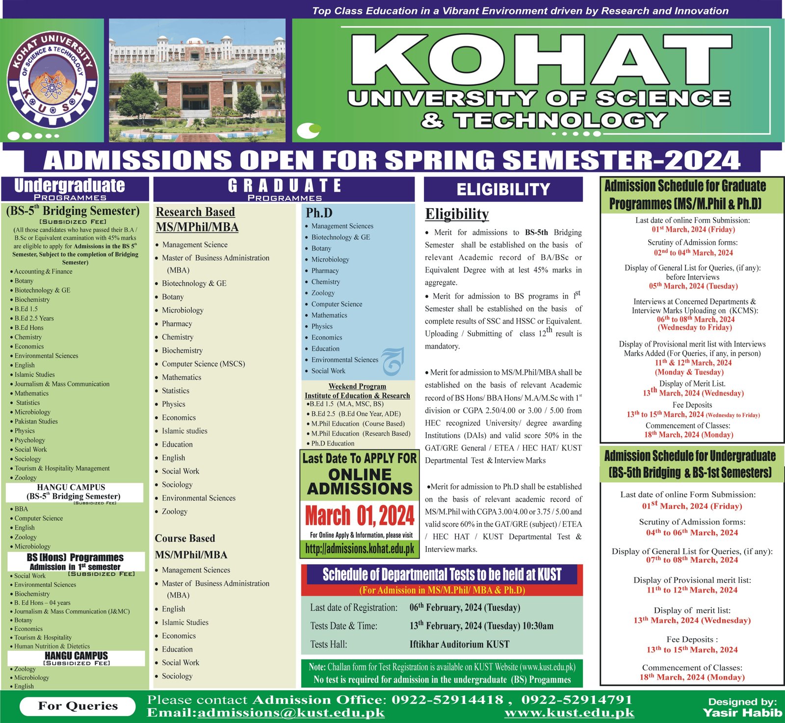 Admissions Open in Kohat Univerisyt Of Science & Technology – Kohat University of Science and Technology Kohat Admissions 2024 — original advertisement