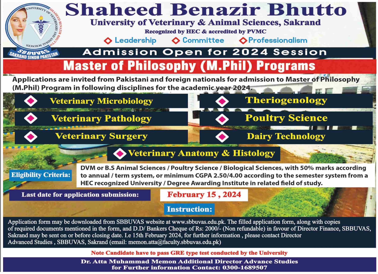 Admissions Shaheed Benazir bhutto uNIVERSITY OF veterinary – Shaheed Benazir Bhutto University of Veterinary & Animal Sciences Sakrand Sindh Admissions 2024 — original advertisement