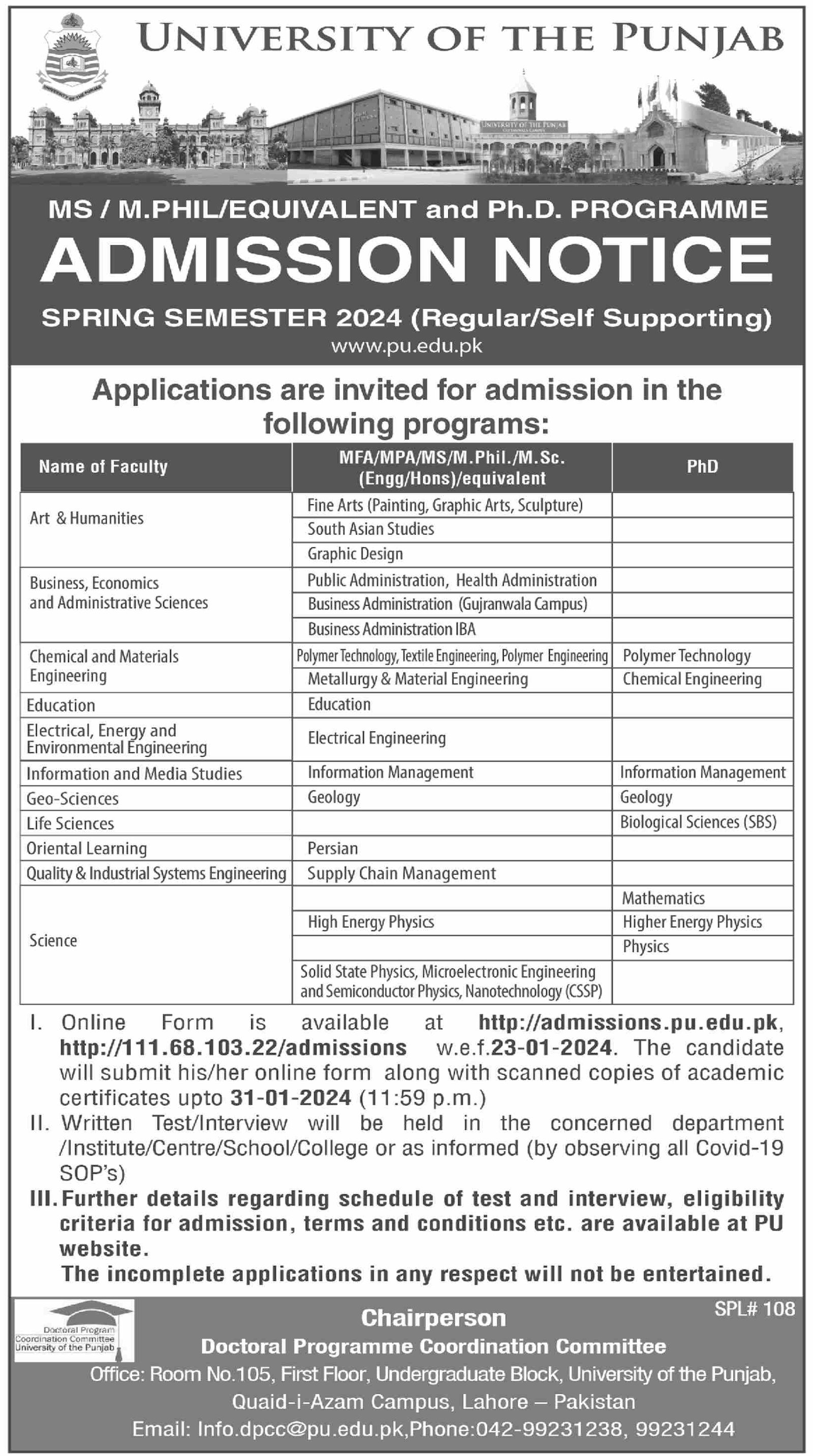 Admissions Open in Univeristy of Punjab 2024 – University of Punjab Admissions 2024 — original advertisement