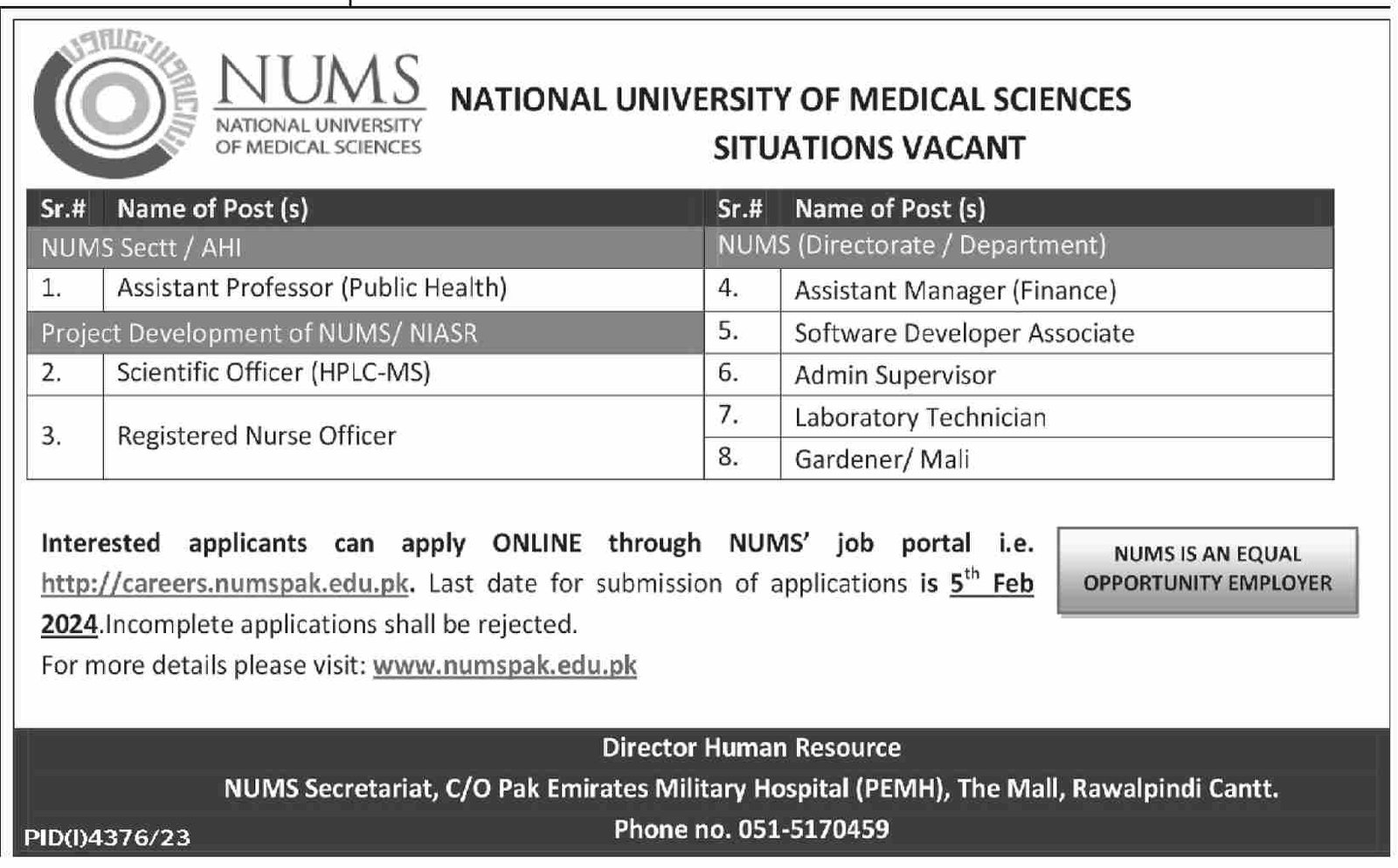 National University of Medical Sciences NUMS Jobs 2024 – National University of Medical Science NUMS Jobs 2024 — original advertisement