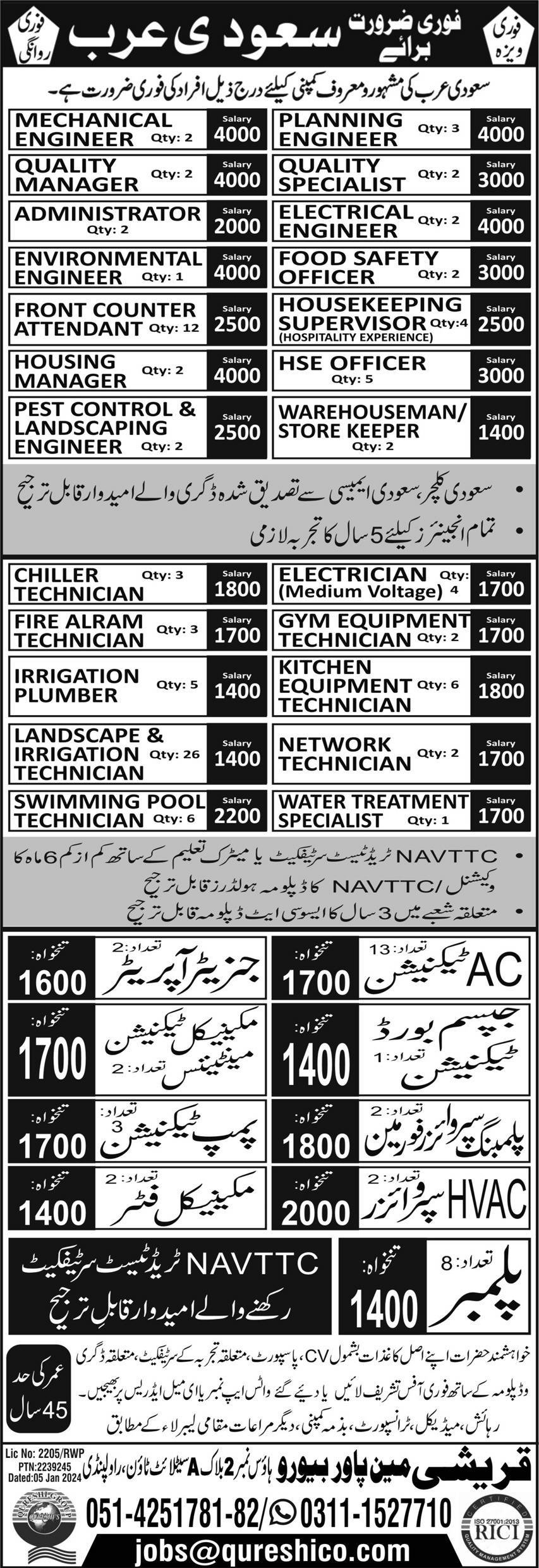 Mechanical Engineer & Planning Engineer Jobs In saudia Arabi – Qureshi Manpower Bureau Jobs 2024 — original advertisement