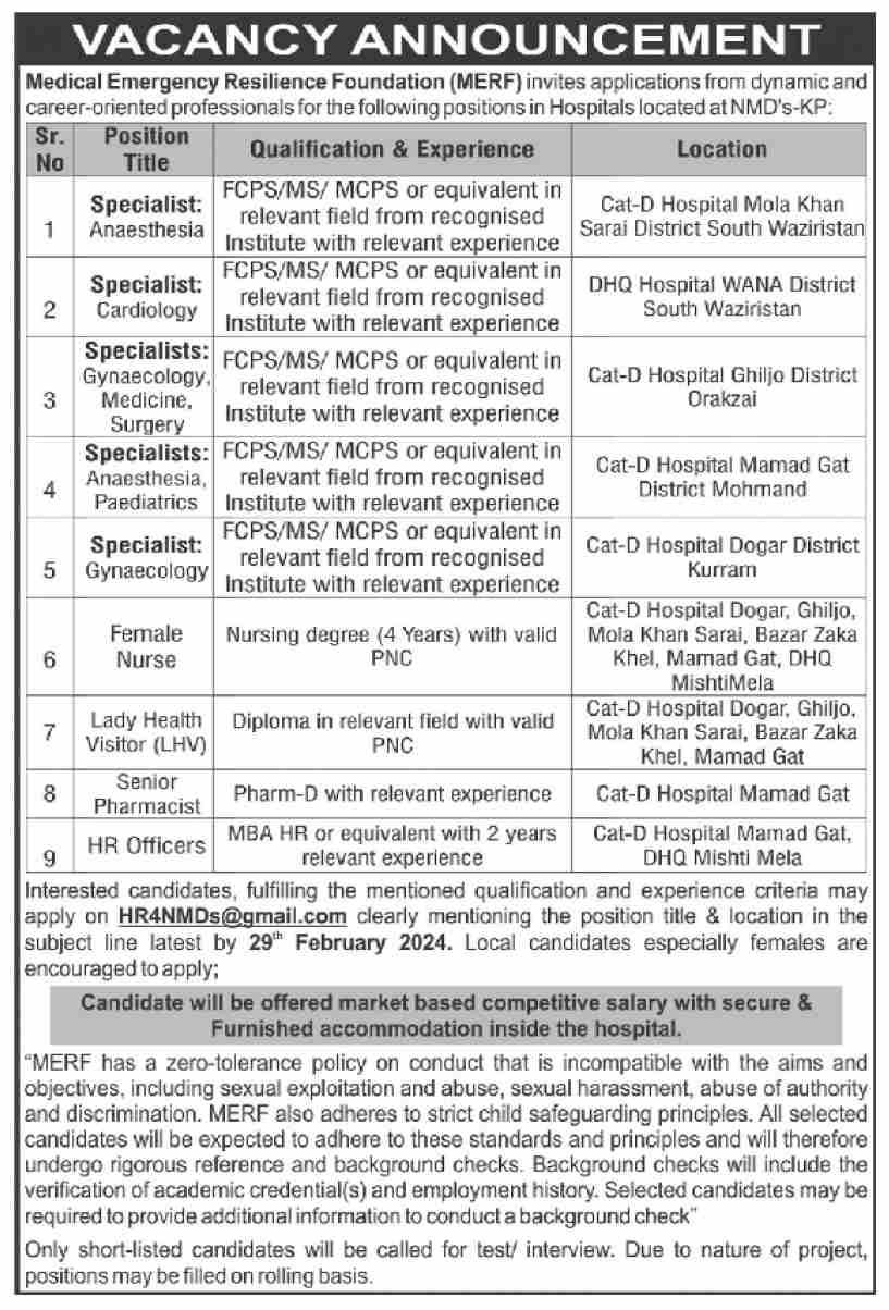 Medical Emergency Resilience Foundation MERF Jobs 2024 – Medical Emergency Resilience Foundation (MERF) Pakistan Jobs 2024 — original advertisement