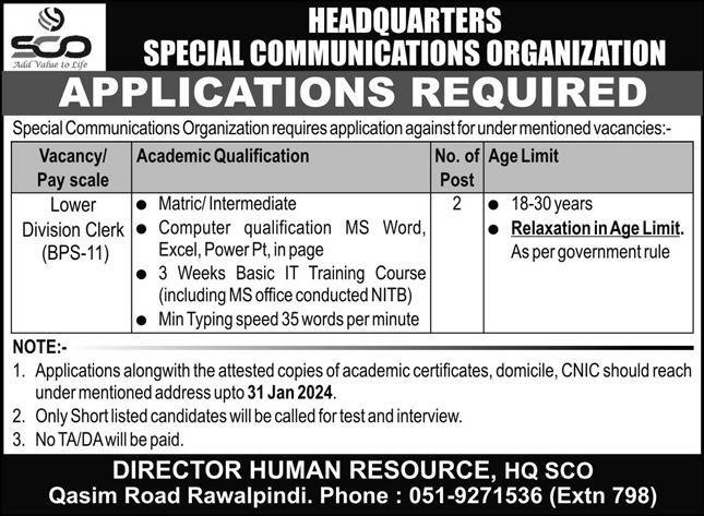 Special Communications Organization SCO Rawalpindi Jobs 2024 – Special Communication Organization Jobs 2024 — original advertisement