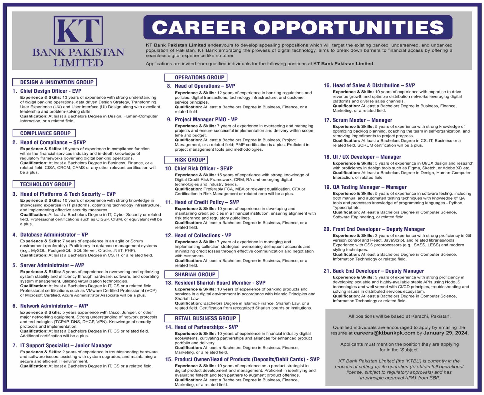 KT Bank Pakistan Limited Karachi Jobs 2024 Jobs 2024 — original advertisement