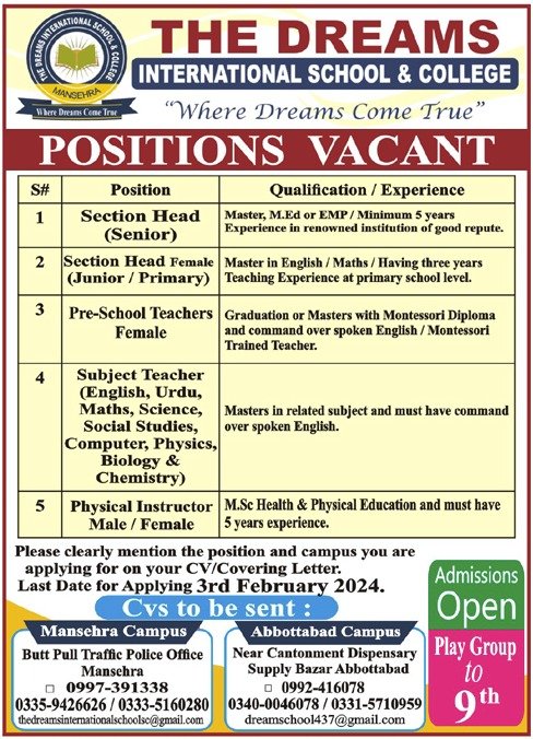 The Dreams International School & College Jobs 2024 Jobs 2024 — original advertisement