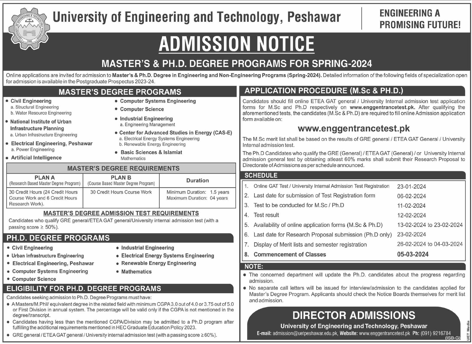 Admissions Open in University of Engineering Technology 2024 – University of Engineering and Technology Peshawar Admissions 2024 — original advertisement