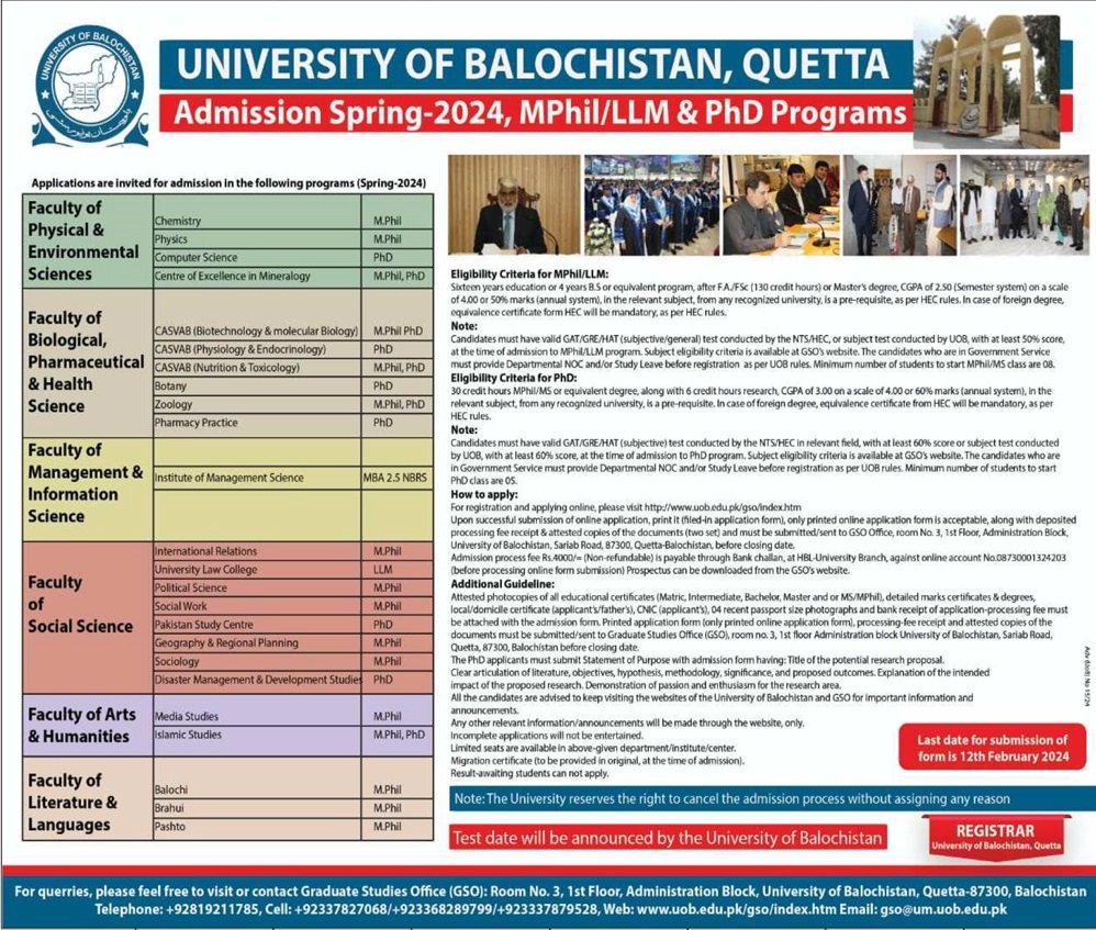 Admissions Open in University of Balochistan Quetta 2024 Admissions 2024 — original advertisement