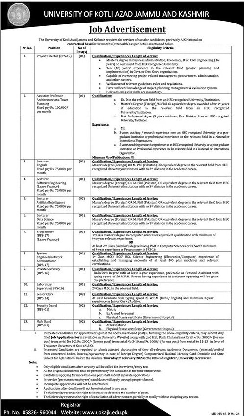 University Of Kotli Azad Jammu Kashmir Jobs 2024 – University of Azad Jammu & Kashmir Jobs 2024 — original advertisement