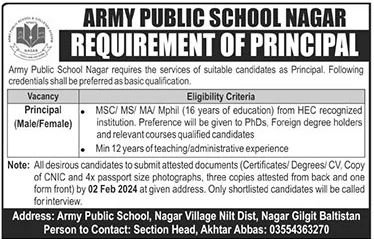 Army Public School APS Nagar Valley Jobs 2024 – Army Public School & College Paksitan Jobs 2024 — original advertisement