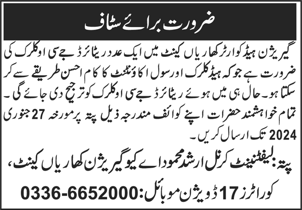 Garrison Headquarter Kharian Punjab Jobs 2024 – Pakistan Army Jobs 2024 — original advertisement