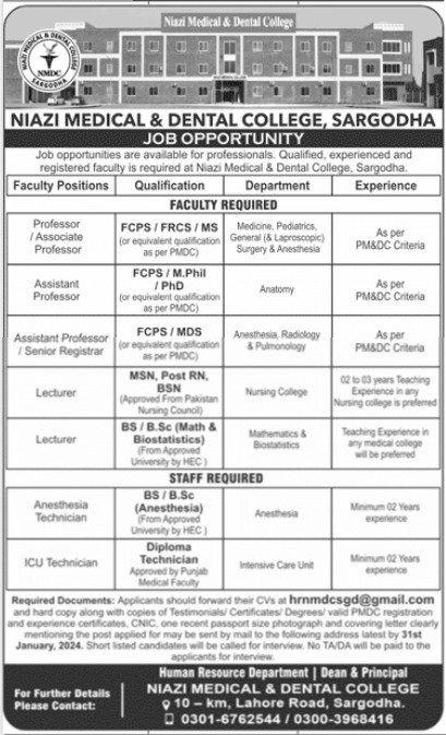 Niazi Medical & Dental College Sargodha Punjab Jobs 2024 – Niazi Medical and Dental College Sargodha Jobs 2024 — original advertisement