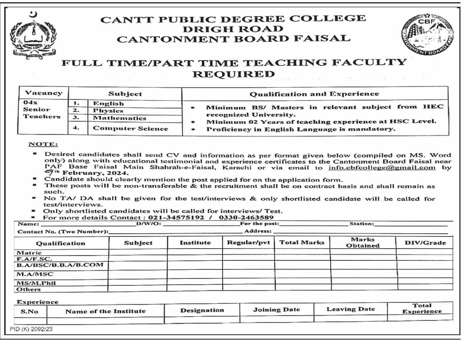 Cantt Public Degree College Cantonment Board Faisal Jobs – Federal Govt Educational Institutes Cantts and Garrisons Jobs 2024 — original advertisement