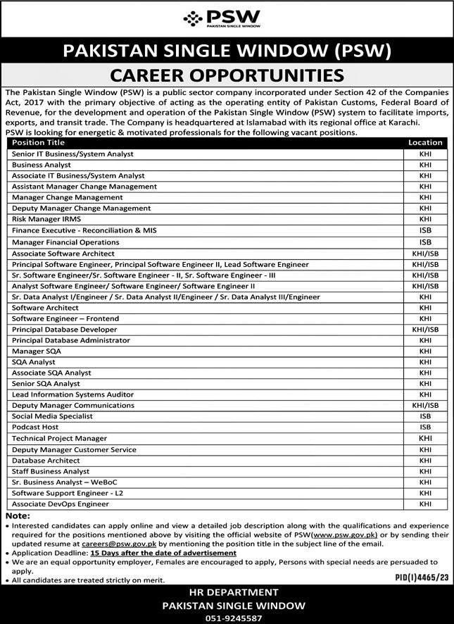 Pakistan Single Window PSW Karachi Jobs 2024 Jobs 2024 — original advertisement