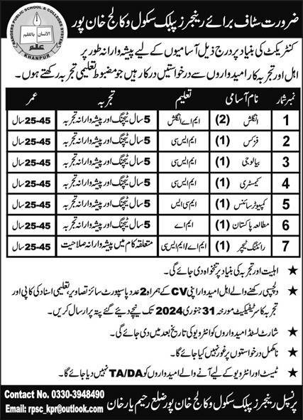 Rangers Public School & College Khanpur Punjab Jobs 2024 – Rangers Public School Bahawalpur Jobs 2024 — original advertisement