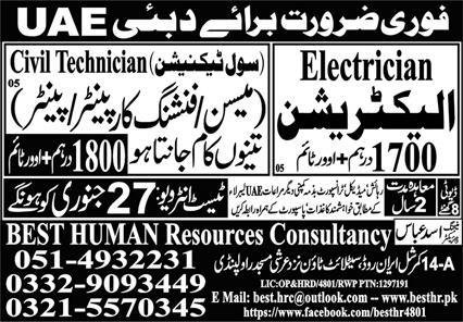 Electrician & Finishing Carpenter Jobs 2024 In Dubai – Best Human Resources Consultancy Jobs 2024 — original advertisement