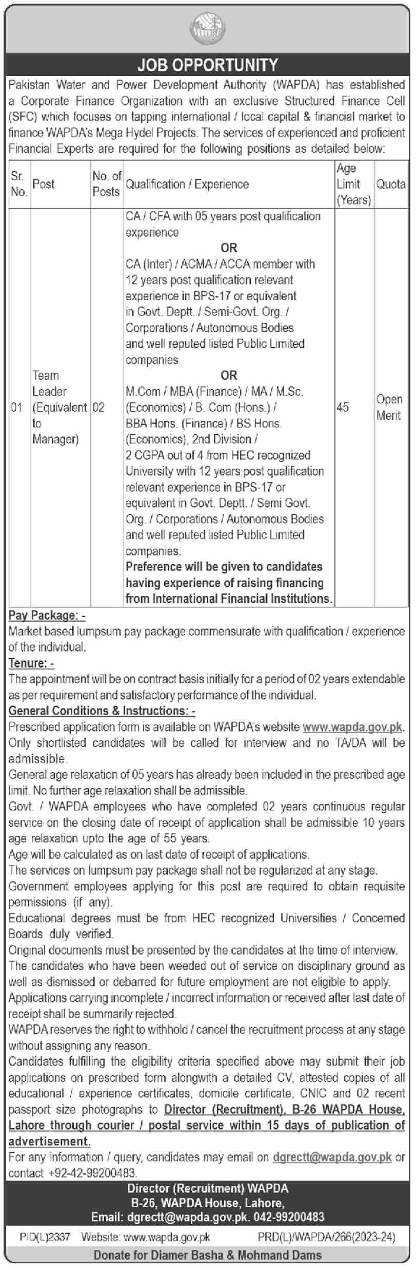 Water & Power Development Authority WAPDA Jobs 2024 – Water and Power Development Authority Jobs 2024 — original advertisement
