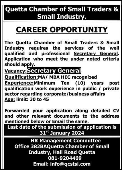 Quetta Chamber Of Small Industry QCSTSI Jobs 2024 Jobs 2024 — original advertisement