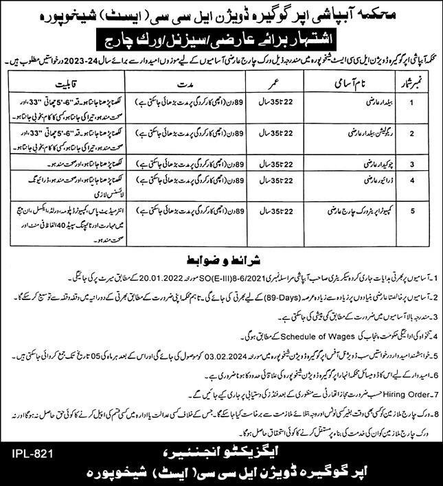 Irrigation Department Sheikhupura Punjab Jobs 2024 – Irrigation Department Punjab Jobs 2024 — original advertisement