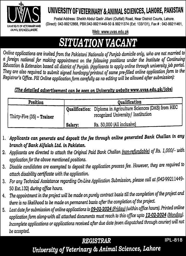 University Of Veterinary & Animal Sciences UVAS Jobs 2024 – University of Veterinary and Animal Sciences Lahore Jobs 2024 — original advertisement