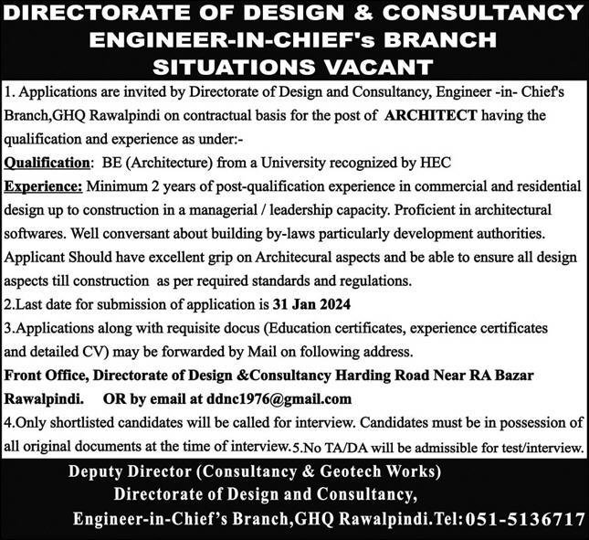 Directorate Of Design & Consultancy GHQ Rawalpindi Jobs 2024 – Pakistan Army Jobs 2024 — original advertisement