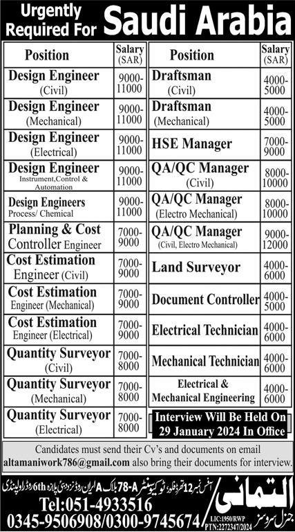 Design Engineer & HSE Manager Jobs 2024 In Saudi Arabia – Al Tamani General Services Jobs 2024 — original advertisement
