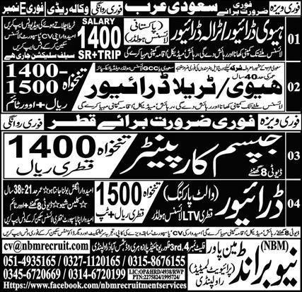 Gypsum Carpenter & Traila Driver Jobs 2024 – New Brand Manpower Jobs 2024 — original advertisement