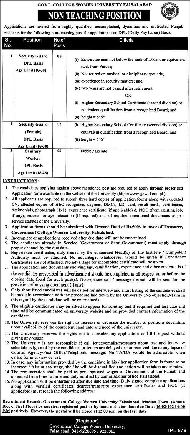 Govt College Women University Faisalabad CCWUF Jobs 2024 – Government College Women University Faisalabad Jobs 2024 — original advertisement