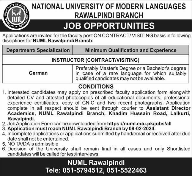 National University Of Modern Language NUML Rawalpindi Jobs – National University of Modern Languages Islamabad Jobs 2024 — original advertisement