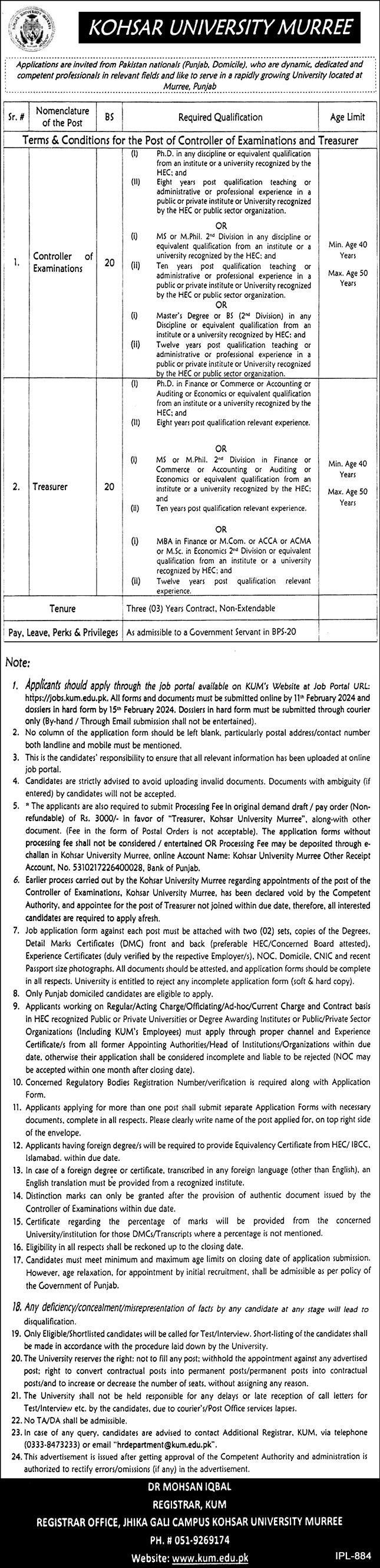 Kohsar University Murree KUM Jobs 2024 Jobs 2024 — original advertisement