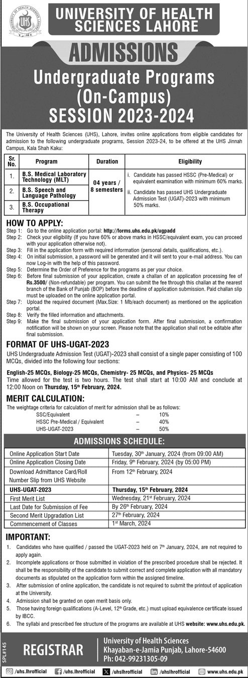 Admissions Open in University of Health Sciences Lahore 2024 Admissions 2024 — original advertisement