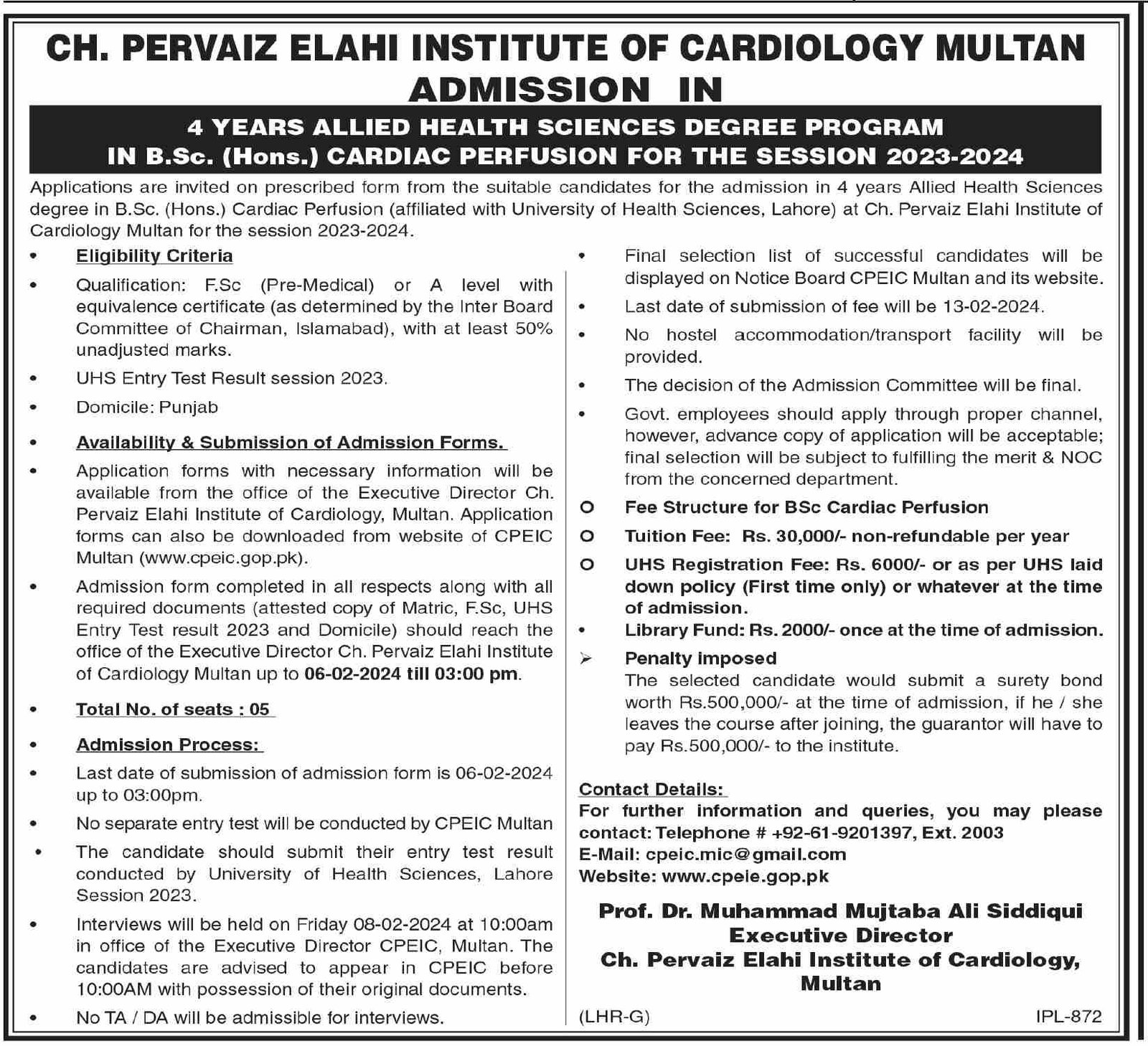 Admissions Open in ch Pervaiz Elahi Institute of Cardiology – Chaudhry Pervaiz Elahi Institute of Cardiology Multan Admissions 2024 — original advertisement