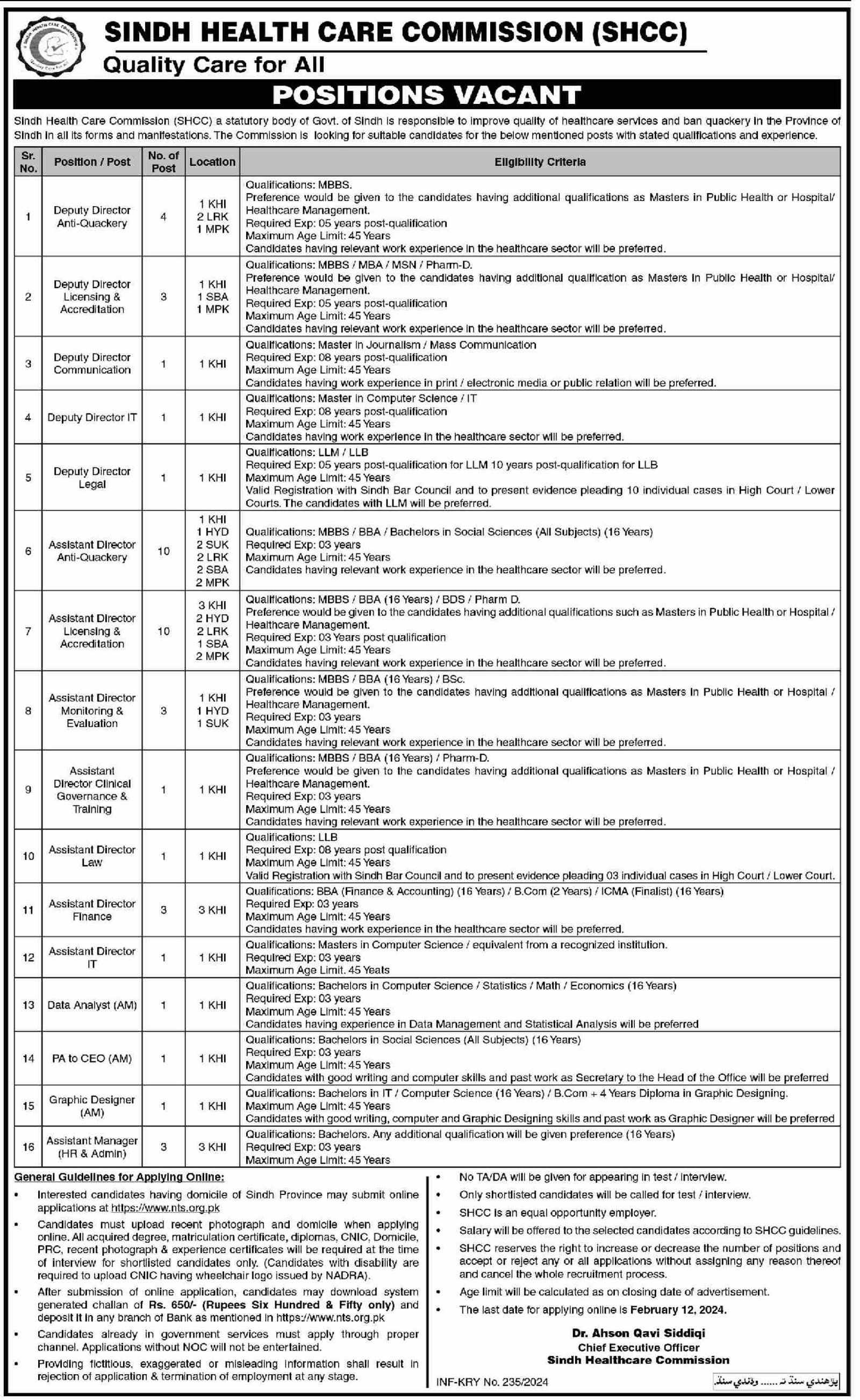 Sindh Health Care Commission SHCC Jobs 2024 – Sindh Health Care Commission at Karachi Jobs 2024 — original advertisement