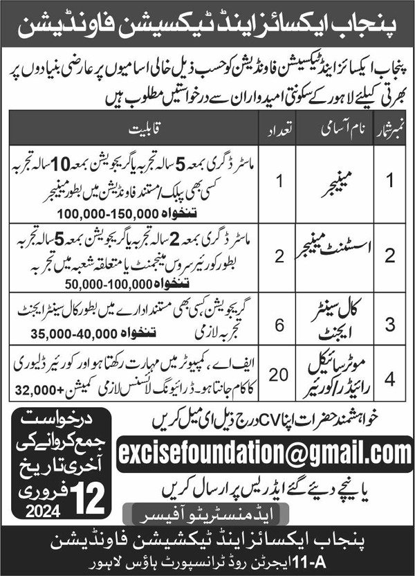 Punjab Excise & Taxation Foundation Lahore Jobs 2024 – Excise Taxation & Narcotics Control Department Punjab Jobs 2024 — original advertisement