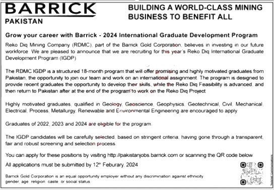 Barrick Pakistan Balochistan Jobs 2024 Jobs 2024 — original advertisement