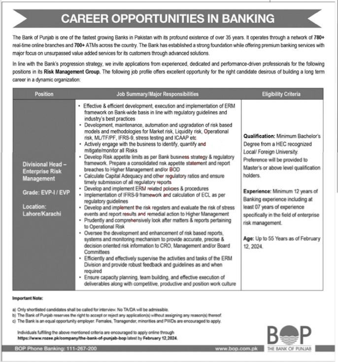 The Bank of Punjab BOP Lahore Jobs 2024 Jobs 2024 — original advertisement