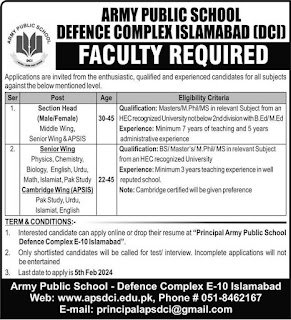 Army Public School APS DCI Islamabad Jobs 2024 – Army Public School & College Paksitan Jobs 2024 — original advertisement