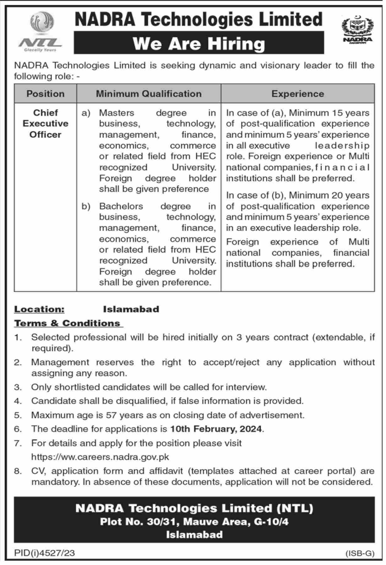 Nadra Technologies Limited NTL Islamabad Jobs 2024 Jobs 2024 — original advertisement