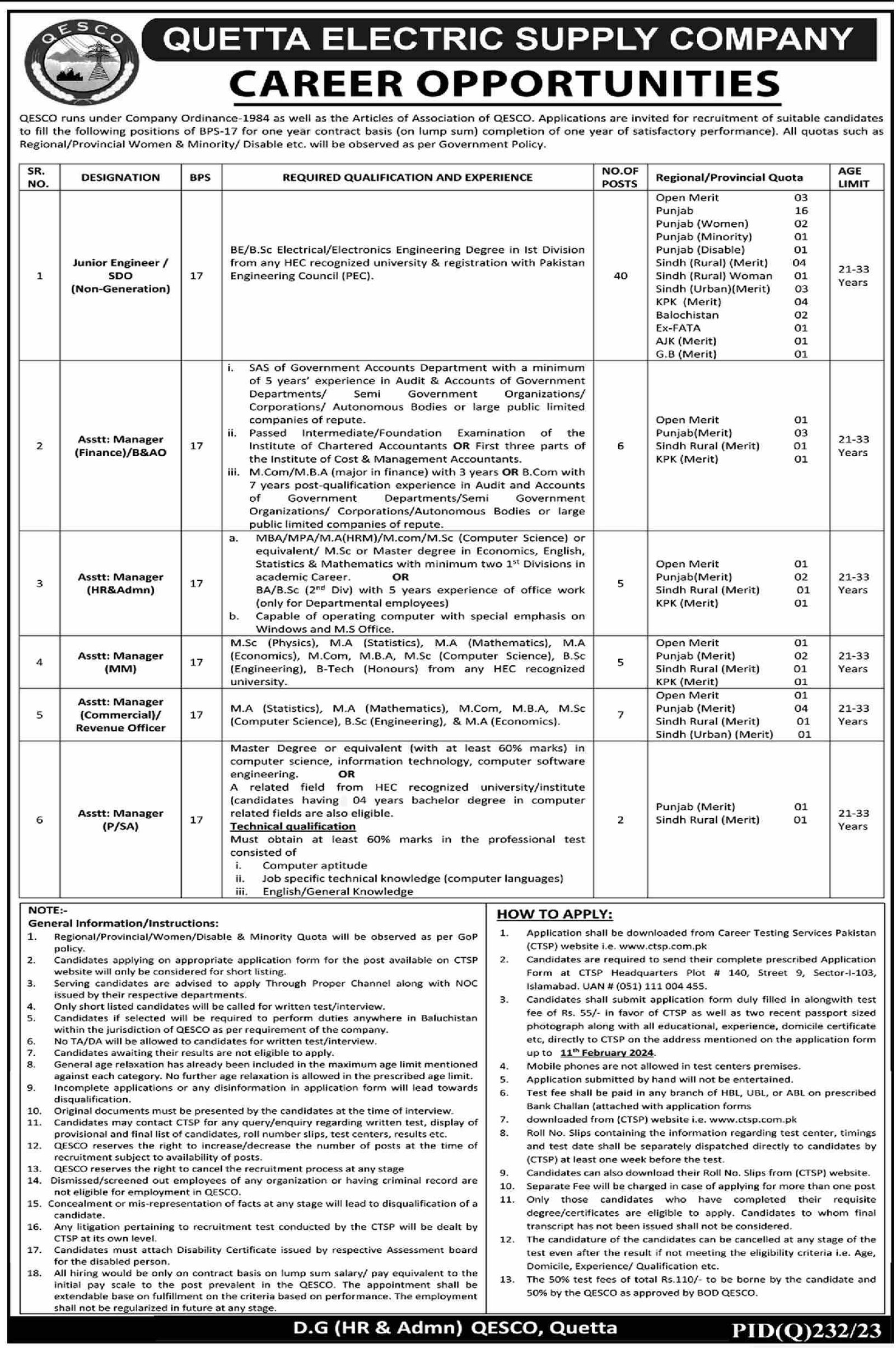 Quetta Electric Supply Company QESCO Quetta Jobs 2024 Jobs 2024 — original advertisement