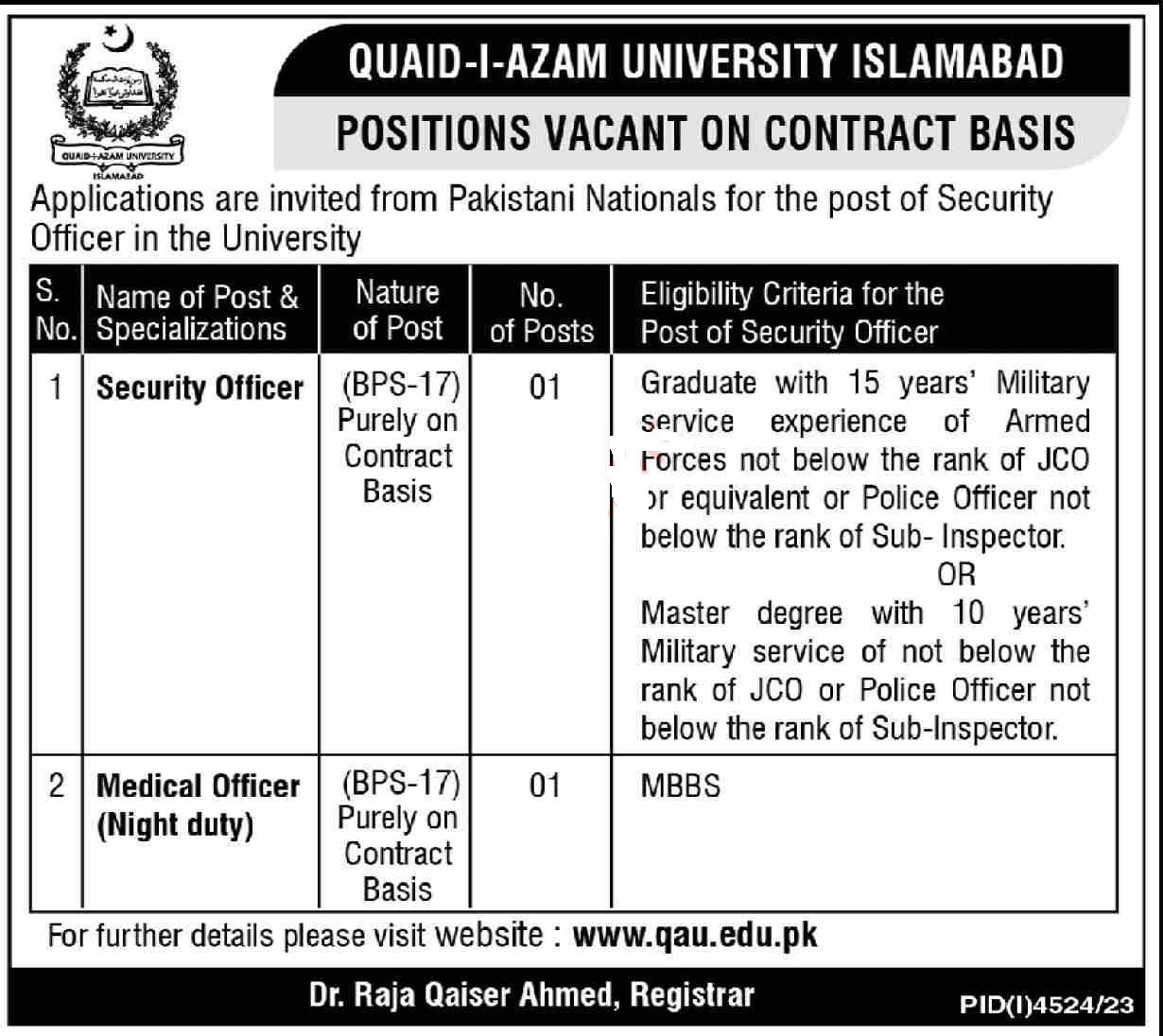 Quaid i Azam University Islamabad Jobs 2024 – Quaid-i-Azam University Islamabad Jobs 2024 — original advertisement