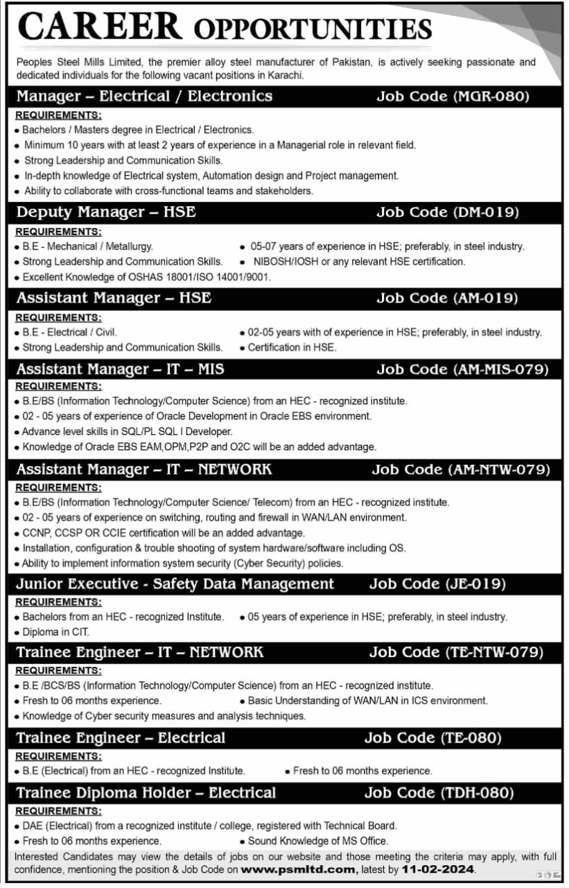 Peoples Steel Mills Limited PSMLKarachi Jobs 2024 – Pakistan Steel Mills Jobs 2024 — original advertisement