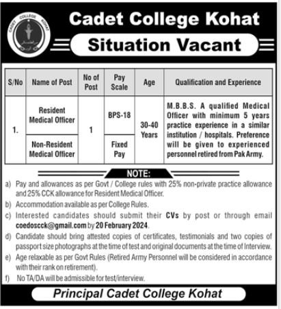 Cadet College Kohat Khyber Pakhtunkhwa Jobs 2024 Jobs 2024 — original advertisement