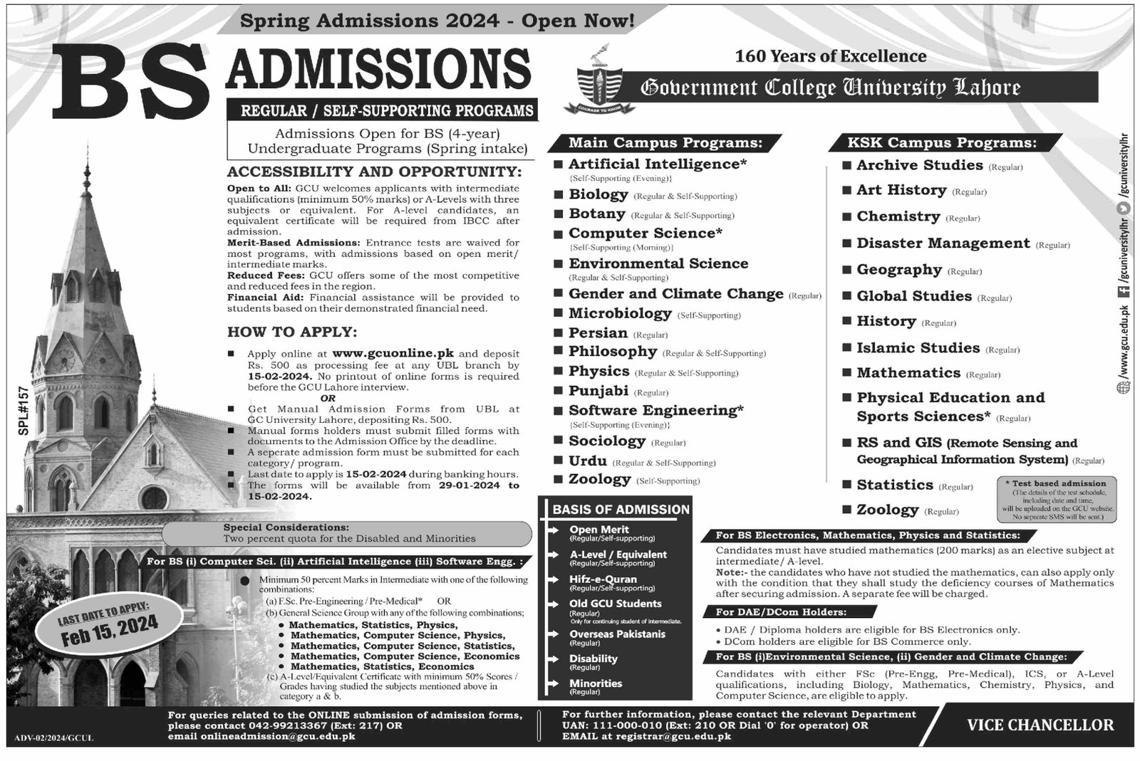 Admissions Open in Governmment College University Lahore – Government College University Lahore Admissions 2024 — original advertisement