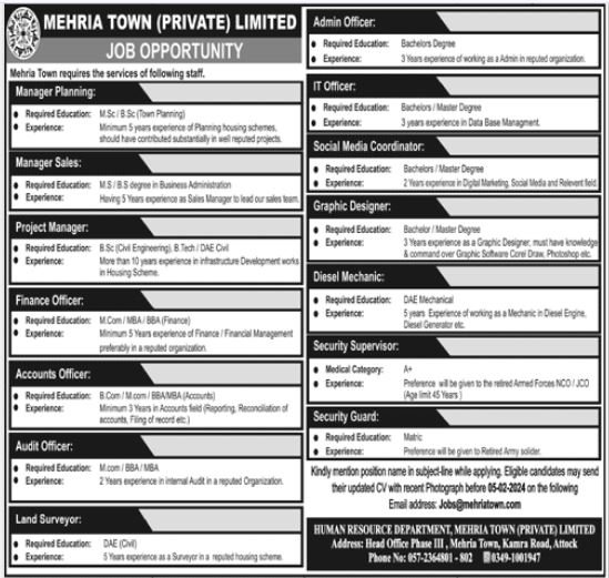 Mehria Town Privated Limited Jobs 2024 – Private Company Jobs 2024 — original advertisement