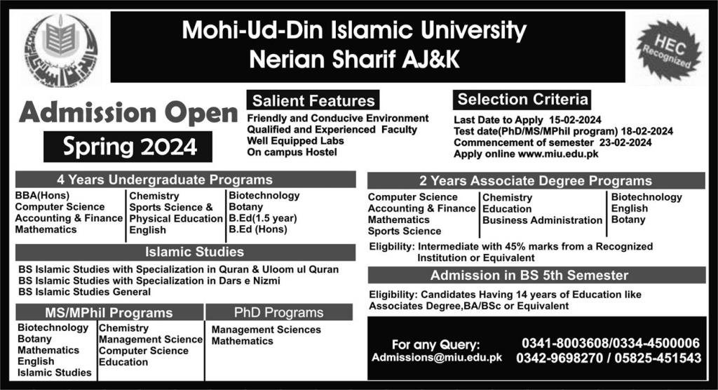Admissions Open in Mohi-ud-Din Islamic University – Mohi-ud-Din Islamic University Nerian Sharif AJK Admissions 2024 — original advertisement