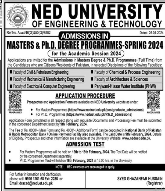 Ned University of Engineering And Technology 2024 Admissions 2024 — original advertisement